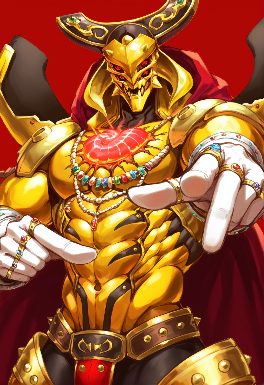 (score_9:0.9),score_8_up,score_7_up,rating_explicit,realistic,(zPDXL),<lora:eldlich the golden lord ponyXL v3:0.75>,eldlich the golden lord,1boy,solo,red background,pointing at viewer,pointing,looking at viewer,simple background,muscular,extra eyes,male_focus,