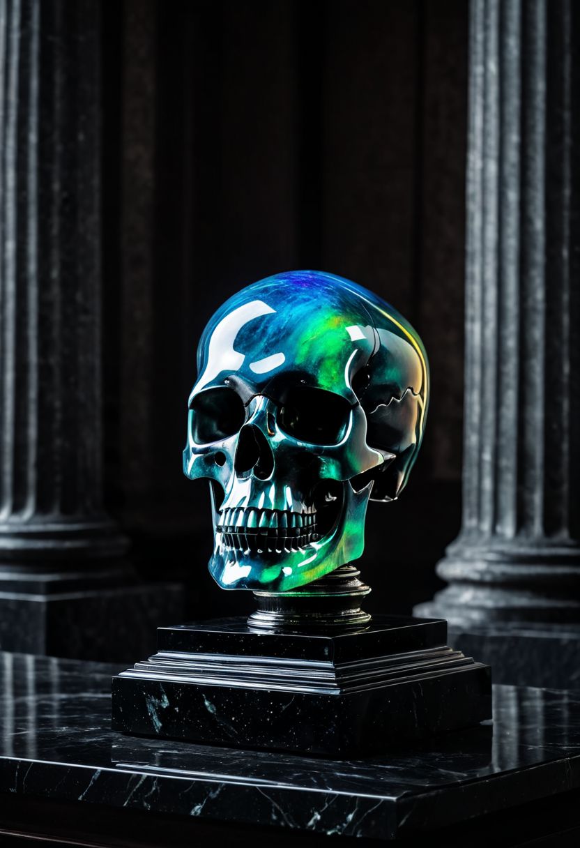 Fujifilm XT3, Sony A7 IV, (award winning photography) a black marble skull made of opal set on a pedestal in temple, glistening. in the background beautiful pillars, divine (iridescent: 0.79), opalescent textures, volumetric light, ethereal, sparkling, studio photo, highly detailed, sharp focus (highest quality: 1.39) (highest coherency: 1.39) (award winning photography), highly detailed photography, (muted colors, cinematic, dim colors, soothing tones:1.2), vibrant, insanely detailed, hyperdetailed, (dark shot:1.2), (vsco:0.3), (intricate details:0.9), (hdr, hyperdetailed:1.2) (vignette), sss