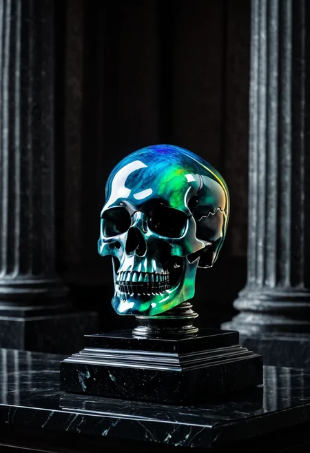 Fujifilm XT3, Sony A7 IV, (award winning photography) a black marble skull made of opal set on a pedestal in temple, glistening. in the background beautiful pillars, divine (iridescent: 0.79), opalescent textures, volumetric light, ethereal, sparkling, studio photo, highly detailed, sharp focus (highest quality: 1.39) (highest coherency: 1.39) (award winning photography), highly detailed photography, (muted colors, cinematic, dim colors, soothing tones:1.2), vibrant, insanely detailed, hyperdetailed, (dark shot:1.2), (vsco:0.3), (intricate details:0.9), (hdr, hyperdetailed:1.2) (vignette), sss