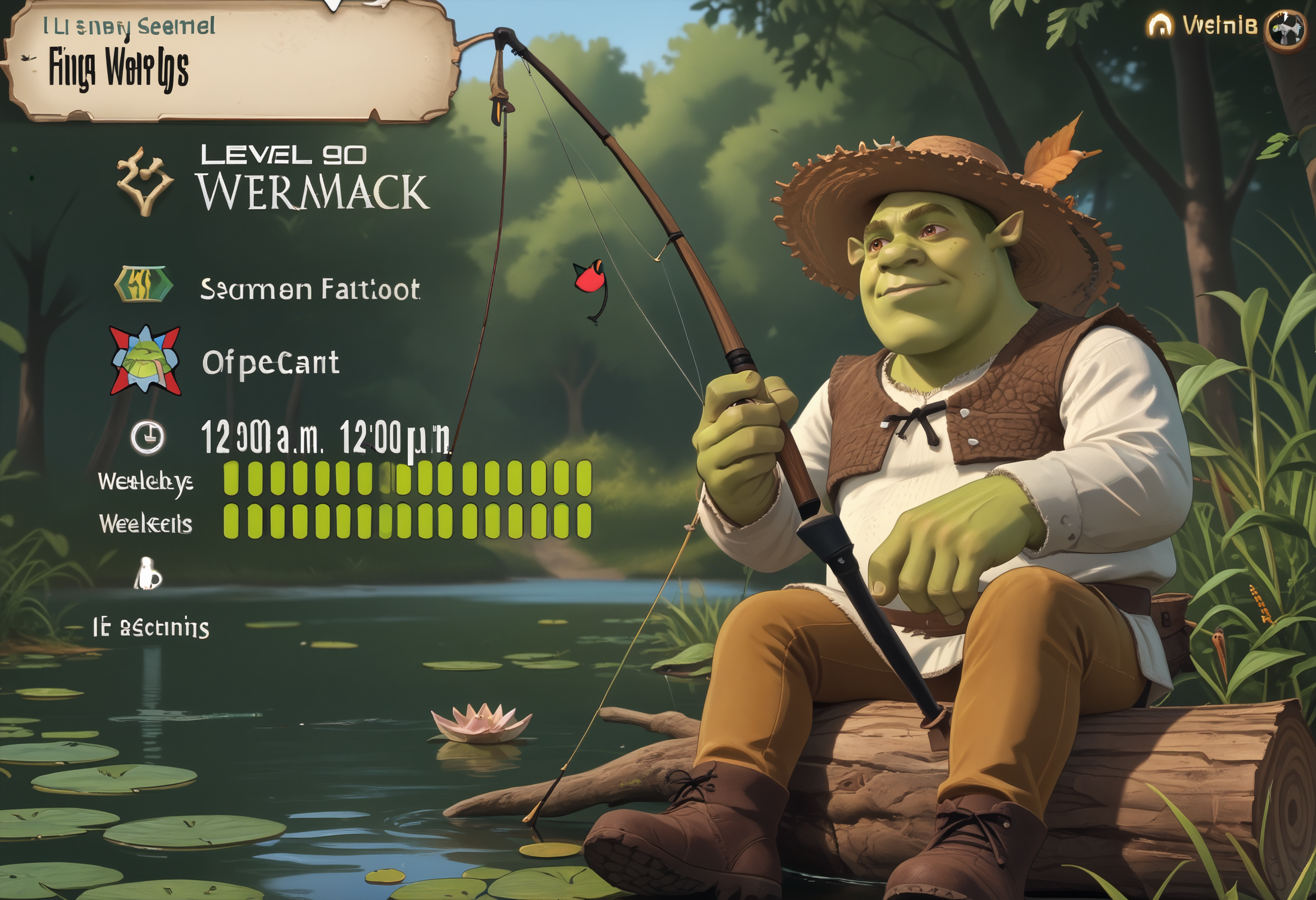 score_9, score_8_up, score_7_up BREAK <lora:clamXIVaPlate_v10:1> XIVaPlate, english text, 1boy, shrek, green skin,lily pad,straw hat,holding fishing rod,light smile,leaves,frog,birds,sitting on tree stump,<lora:Shrek_XLPD:0.7>