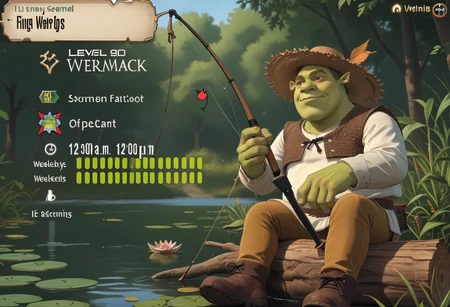 score_9, score_8_up, score_7_up BREAK <lora:clamXIVaPlate_v10:1> XIVaPlate, english text, 1boy, shrek, green skin,lily pad,straw hat,holding fishing rod,light smile,leaves,frog,birds,sitting on tree stump,<lora:Shrek_XLPD:0.7>