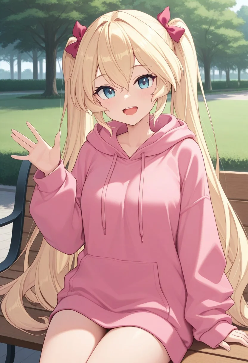 masterpiece, best quality, absurdres,
1girl, Mao, blonde hair, long twintails, pink oversized hoodie, inside, sitting at park bench, looking at viewer, waving,
