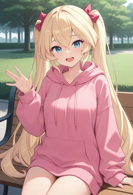 masterpiece, best quality, absurdres,
1girl, Mao, blonde hair, long twintails, pink oversized hoodie, inside, sitting at park bench, looking at viewer, waving,