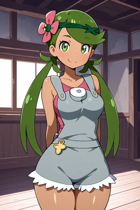 masterpiece, best quality, medium breasts, (curvy), ,,, BREAK, zzMallow, green hair, green eyes, hair flower, hair ornament, grey overalls, pink shirt, sleeveless, grey shorts, <lora:MallowPokemonIXL_e09:1.0>,BREAK, smile, looking at viewer, cowboy shot, <lora:QuickCuteIXL:1.0>, ,