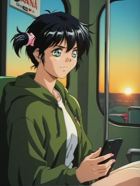 score_9, score_8_up, score_7_up, <lora:words-worth-ponyxl-000009:1> silvanna, streetwear, 1girl, solo, smartphone, looking at phone, train interior, sunset