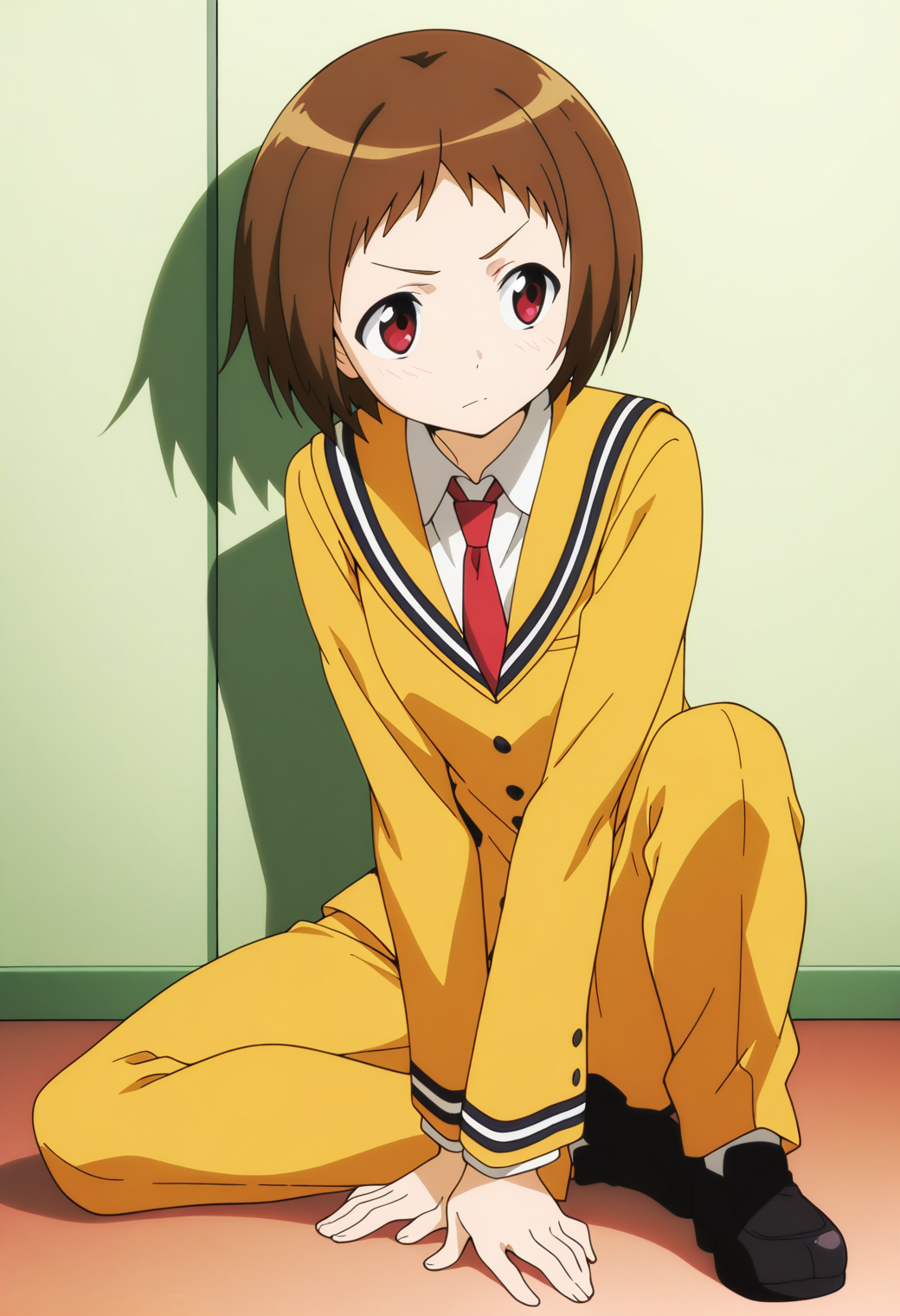 masterpiece, best quality, very aesthetic, absurdres, 1girl, solo,
<lora:ogura_shio_v01:0.9>, ogura_shio, shio_dogoo, brown hair, short hair, red eyes,
yellow uniform, sailor collar, red necktie, yellow pants, black footwear, posing, sitting