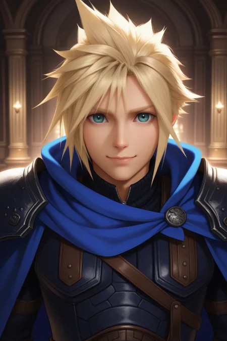 masterpiece, best quality,highres, absurdres, intricate detail, 2d, anime,1boy, solo, male focus , , ,<lora:cloud:0.92>, cloud strife,blonde hair,blue eyes,short hair,spiky hair,looking at viewer, upper body, cape, armor, shoulder armor, pauldrons, blue cape,indoors,stage,smile