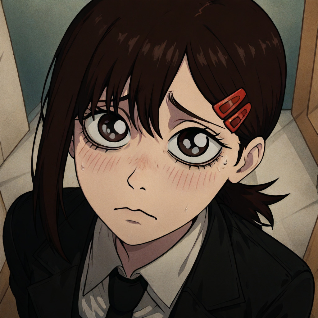 masterpiece, best quality, newest, absurdres, highres, anime, anime style, P/PEV1.0, pleading eyes,  1girl, higashiyama kobeni \(chainsaw_man\), brown hair, collared shirt, black necktie, black jacket,