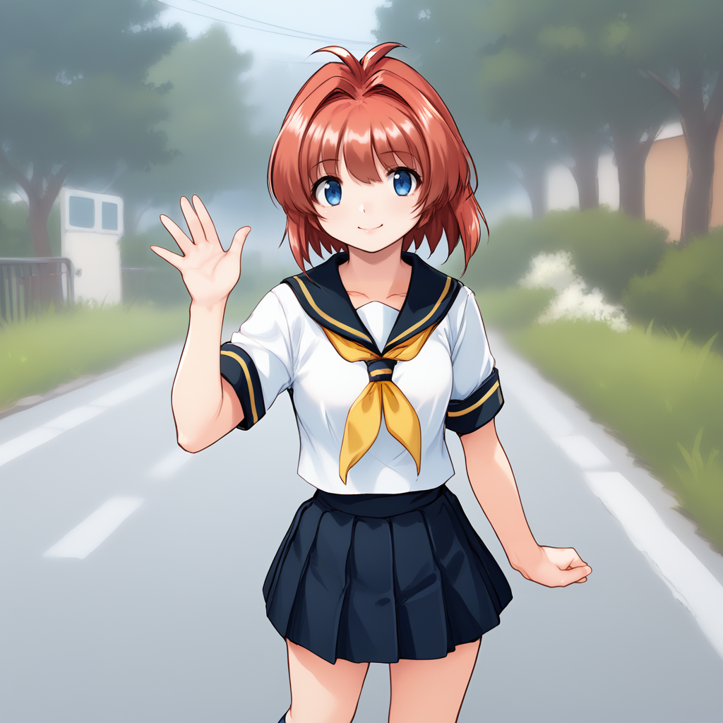 score_9, score_8, score_7, zPDXL3, cowboy shot, solo, 1girl, <lora:Miina_Miyafuji_PXL:1> miina_miyafuji, blue eyes, red hair, short hair, bangs, white shirt, collared shirt, sailor collar, yellow neckerchief, pleated skirt, kneehighs, standing, smile, waving, outdoors, street, daylight, traffic