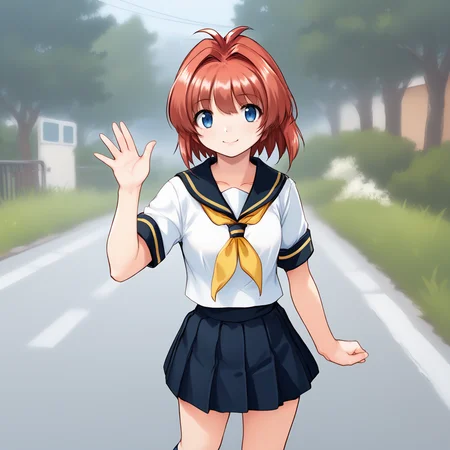 score_9, score_8, score_7, zPDXL3, cowboy shot, solo, 1girl, <lora:Miina_Miyafuji_PXL:1> miina_miyafuji, blue eyes, red hair, short hair, bangs, white shirt, collared shirt, sailor collar, yellow neckerchief, pleated skirt, kneehighs, standing, smile, waving, outdoors, street, daylight, traffic