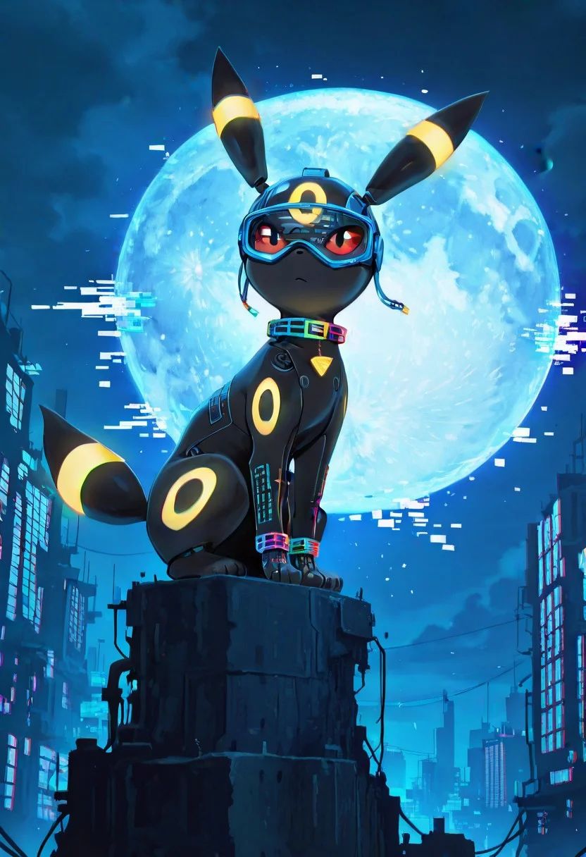 masterpiece, best quality, amazing quality, newest, absurdres, anime screencap, cinematic, no humans, zzUmbreon, sitting, (cybetron moon in the background, moon focus:1.3), (cybertron body, neon colors, LED lights, wearing cyber collar, wearing cyber helmet, wearing cyber goggles, cyber punk style, robot like, cyber punk, cybertron, at cyber city:1.2), (glitch art, virtual, geometry, local color adaptation, hdr, disintegration effect, epic:1.2), (chromatic aberration, polarized, blurry:1.2) ,<lora:UmbreonPokedex_IXL:1.0>,