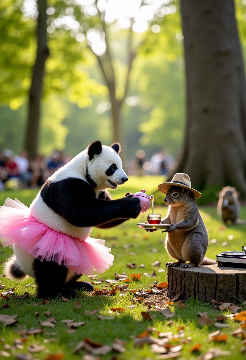 A serene forest clearing during daytime, where an unexpected tea party is underway. The main characters are a giant fluffy panda in a dainty pink tutu and ballet shoes and a tiny, overly serious owl in a miniature detective's outfit complete with a magnifying glass and a deerstalker hat. The panda is delicately pouring tea from a tiny teapot into an equally tiny teacup held by the owl, who is scrutinizing the tea leaves with intense focus, as if solving a grand mystery.
In the background, a group of squirrels dressed as butlers are serving tiny sandwiches and pastries on silver trays. A chipmunk DJ is spinning records on a mini turntable set on a tree stump, playing soft, cheerful tunes, and small woodland critters like rabbits and hedgehogs are dancing happily around the clearing. The whole scene is filled with mismatched but charming tea sets, colorful bunting strung between trees, and light rays filtering through the leaves, creating a magical, playful atmosphere.