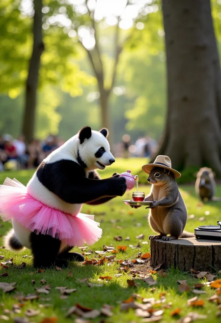 A serene forest clearing during daytime, where an unexpected tea party is underway. The main characters are a giant fluffy panda in a dainty pink tutu and ballet shoes and a tiny, overly serious owl in a miniature detective's outfit complete with a magnifying glass and a deerstalker hat. The panda is delicately pouring tea from a tiny teapot into an equally tiny teacup held by the owl, who is scrutinizing the tea leaves with intense focus, as if solving a grand mystery.
In the background, a group of squirrels dressed as butlers are serving tiny sandwiches and pastries on silver trays. A chipmunk DJ is spinning records on a mini turntable set on a tree stump, playing soft, cheerful tunes, and small woodland critters like rabbits and hedgehogs are dancing happily around the clearing. The whole scene is filled with mismatched but charming tea sets, colorful bunting strung between trees, and light rays filtering through the leaves, creating a magical, playful atmosphere.