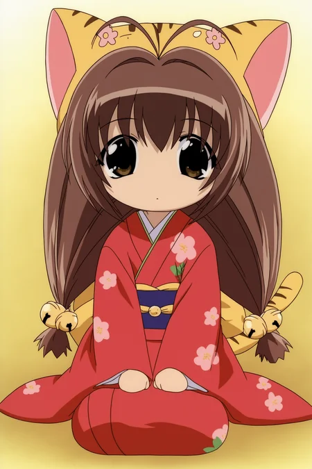 digicharatspecial, puchiko, 1girl, solo, long hair, brown hair, hair ornament, hat, animal ears, twintails, brown eyes, tail, cat ears, chibi, cat tail, bell, antenna hair, jingle bell, hair bell, animal hat, chibi only, looking at viewer, sitting, red kimono, japanese clothes, floral print, no feet,
(masterpiece, best quality, absurdres, highres), very awa,