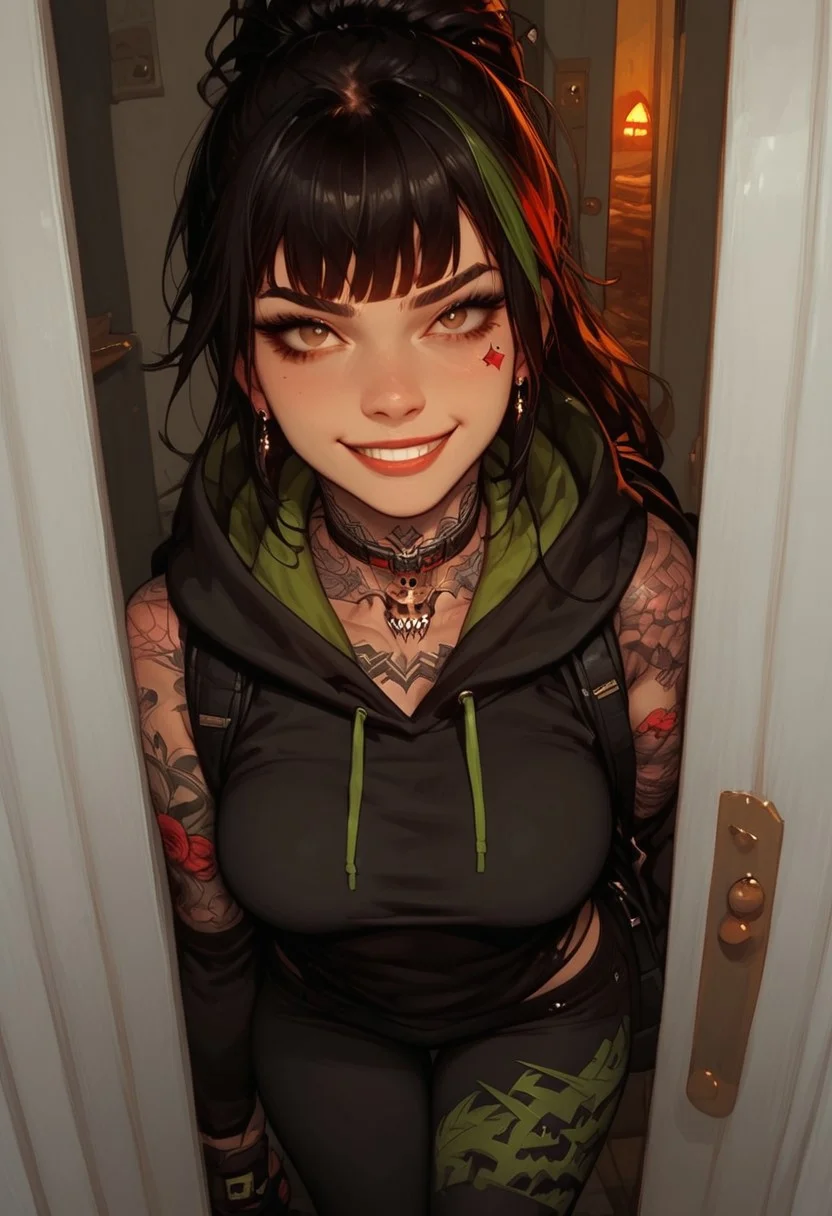 score_9, score_8_up, score_7_up, extremely detailed, sharp focus, HD, 1girl, solo, eyes open, ponytail, black hair, green streak in hair, black hair, red streak in hair, 18 years old, tattoos:1.3, arm tattoo, leg tattoo, bangs, petite, medium breasts, graphic hoodie, hood up, halloween costume, black costume, black outfit, backpack, glove, leggings, sneakers, detailed background, outside, front door, night, halloween, vivid colours, collar, leashed collar, bossy, in charge, dominant, smirk, brown eyes,