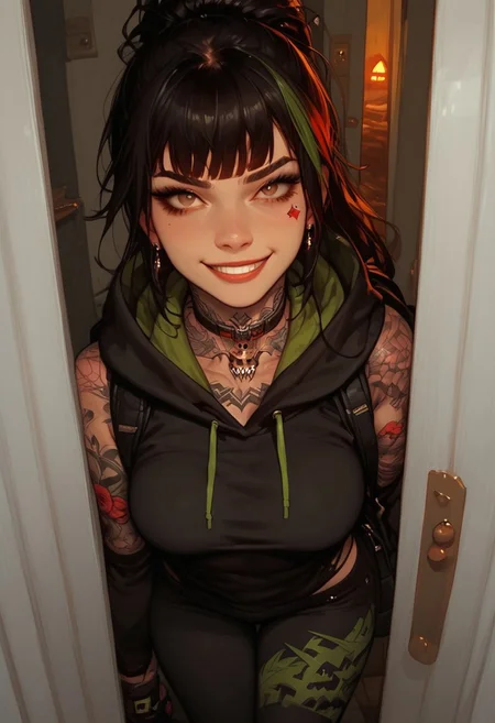 score_9, score_8_up, score_7_up, extremely detailed, sharp focus, HD, 1girl, solo, eyes open, ponytail, black hair, green streak in hair, black hair, red streak in hair, 18 years old, tattoos:1.3, arm tattoo, leg tattoo, bangs, petite, medium breasts, graphic hoodie, hood up, halloween costume, black costume, black outfit, backpack, glove, leggings, sneakers, detailed background, outside, front door, night, halloween, vivid colours, collar, leashed collar, bossy, in charge, dominant, smirk, brown eyes,