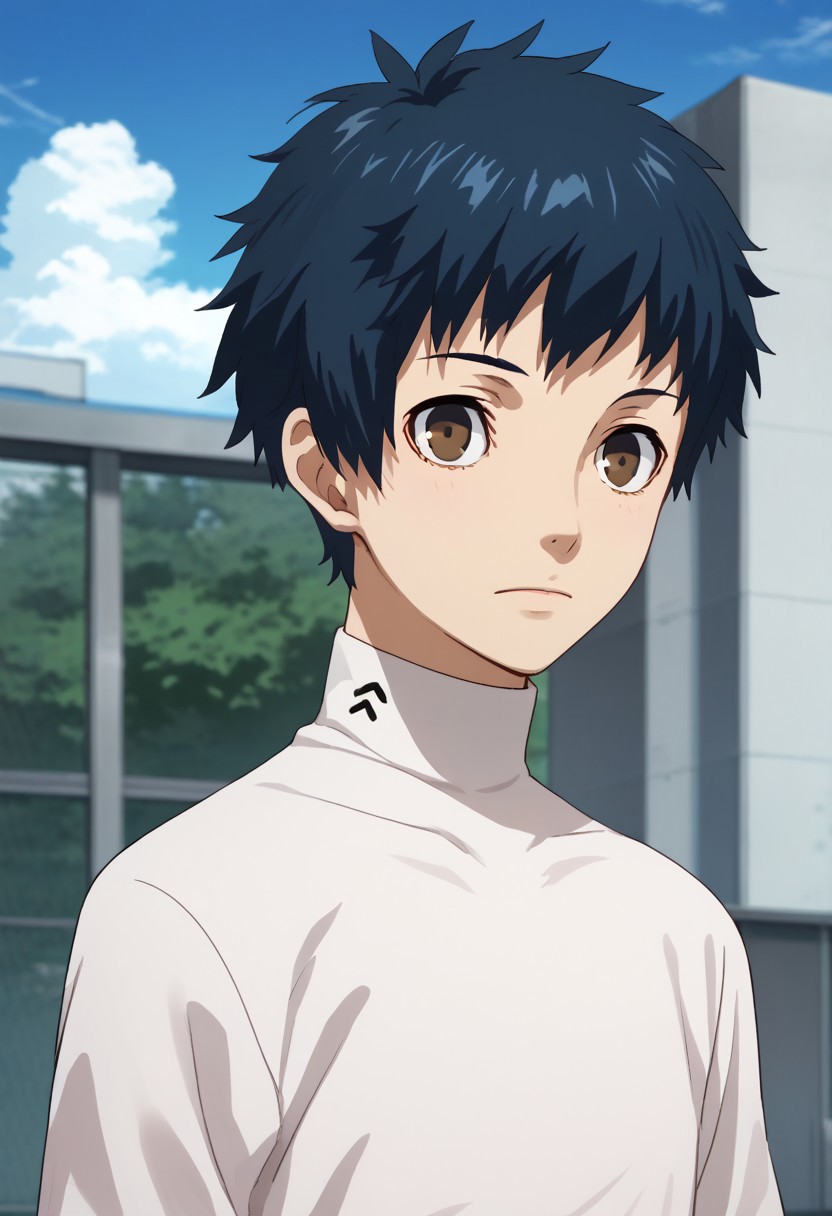 score_9, score_7_up, source_anime, 
mishima, 1boy, male focus, solo, brown eyes, blue hair, short hair, school uniform, shirt, white shirt, turtleneck, 
outdoor, sky