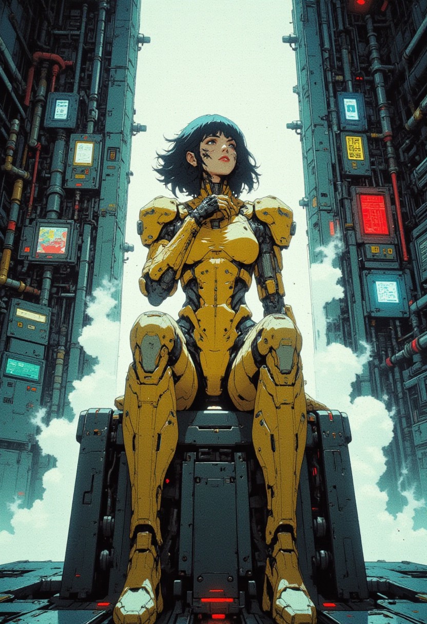 Cyberpunk, mechanical, skeleton, puppet,  Retro, comics, niji, gothic, erotic, anime, A 25th-century futuristic chamber with metallic walls, illuminated control panels, exposed cables, and industrial pipes. Smoke and steam fill the room, rising from floor vents, partially obscuring objects and creating a cinematic haze. A cybernetic woman sits on a rectangular metal seating platform with smooth edges and glowing lines. Her mechanical suit is made of metal and translucent plastic plates, designed with layered armor in dominant yellow, with accents of red, white, and black. Her short black hair is styled sharply, exposing glowing tattoos on her face, forming geometric patterns along her cheekbones and forehead. Her arms rest on her knees, fingers interlocked, her posture tense in deep thought. The floor reflects diffused light from above, fragmented by the moving steam. Behind her, the chamber walls are detailed with panels, screens, and industrial textures. The rising smoke wraps around her figure, partially hiding parts of her body, while neon lights reflect softly on her metallic suit, emphasizing the futuristic environment.