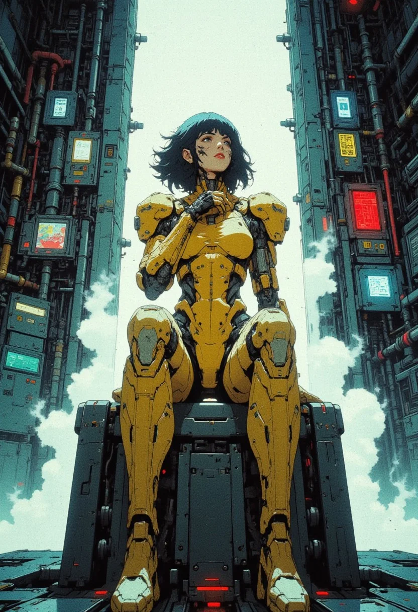 Cyberpunk, mechanical, skeleton, puppet, Retro, comics, niji, gothic, erotic, anime, A 25th-century futuristic chamber with metallic walls, illuminated control panels, exposed cables, and industrial pipes. Smoke and steam fill the room, rising from floor vents, partially obscuring objects and creating a cinematic haze. A cybernetic woman sits on a rectangular metal seating platform with smooth edges and glowing lines. Her mechanical suit is made of metal and translucent plastic plates, designed with layered armor in dominant yellow, with accents of red, white, and black. Her short black hair is styled sharply, exposing glowing tattoos on her face, forming geometric patterns along her cheekbones and forehead. Her arms rest on her knees, fingers interlocked, her posture tense in deep thought. The floor reflects diffused light from above, fragmented by the moving steam. Behind her, the chamber walls are detailed with panels, screens, and industrial textures. The rising smoke wraps around her figure, partially hiding parts of her body, while neon lights reflect softly on her metallic suit, emphasizing the futuristic environment.