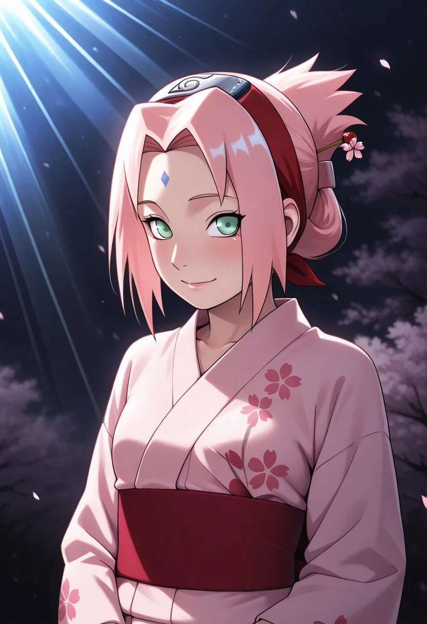 perfect eyes, beautiful face, cute, ambient lighting, (night), ((((masterpeice, high quality, absurdres, best quality, very aesthetic)))), (((light rays:1.9))), ((moonlight:1.9)), ((night:1.9)), under a cherry blossom tree, cherry blossoms in the wind,
sensual, seductive, small breasts, slim waist, haruno sakura, (naruto), (in a red and pink yukata with a cherry blossom design), Sakurakyd,KarakishiYouhei-danPonybyRR, by Karakishi Youhei-dan, hair tied up, (cherry blossom hairpin), wrnchgchan,