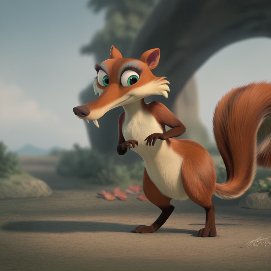score_9, score_8_up, score_7_up, score_6_up, score_5_up, score_4_up, source_furry, Scrattedotd, semi-anthro, female, squirrel, orange-brown fur, green eyes, fangs, standing, outside,