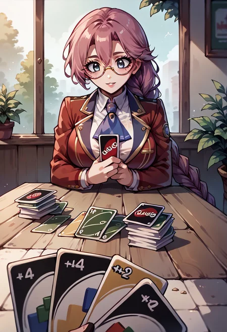 score_9, score_8_up, score_7_up, holding card, pov, playing card, table, <lora:ImminentUnoLossMeme_pdxl_Incrs_v1:1>,
emmathors, ascot, blue eyes, braided ponytail, breasts, glasses, loafers, long hair, pink hair, red jacket, single braid, thighhighs, white shirt, large breasts, <lora:emma-rebake3:0.9>