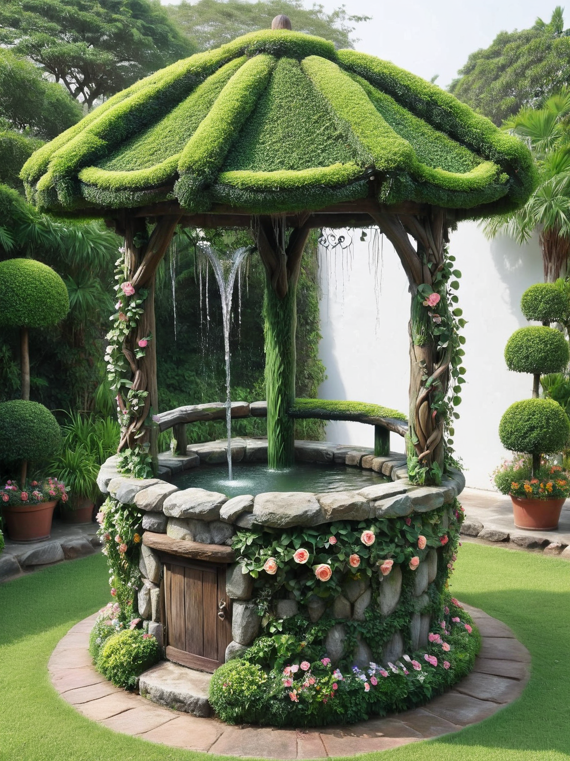 An ais-hdgrw wishing well, its sides adorned with sculpted flowers and vines. <lora:ais-hdgrw-sdxl:1>