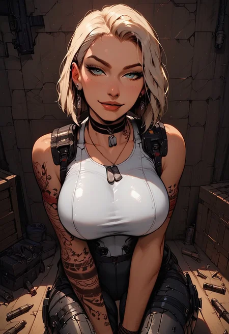 Score_9, Score8_up, Score_7_up, (((High Resolution, Best Quality))), 
1girl, solo, toned arms, sleeveless, Covered in Tattoos, neck tattoos, hair tied up, 
futuristic, futuristic armor, lights on bodysuit, armored suit, revealing bodysuit, tight bodysuit, tactical, military gear, large breasts, choker, dog tags, ear piece, 
seducing, seductive, flirty, tender, loving, playful, looking at viewer, smug, 
Sitting on ground, leaning against wall, relaxed, leaning back, arm resting on knees, arm on knee,
inside, Military, military base, military barracks, cots, crates, military boxes, guns, bullets, supplies, armory,