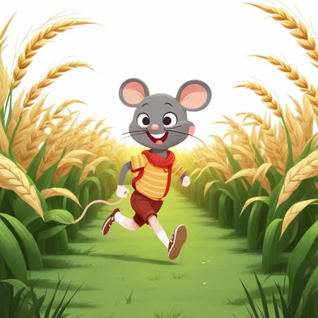 a cute Mouse kid character running in Cornfield <lora:COOLKIDS_XL_0.3_RC:0.9>