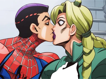 Spiderman kissing a mutant alien JojosoStyle <lora:SDXL-JojosoStyle-Lora-v2-r16:0.8>