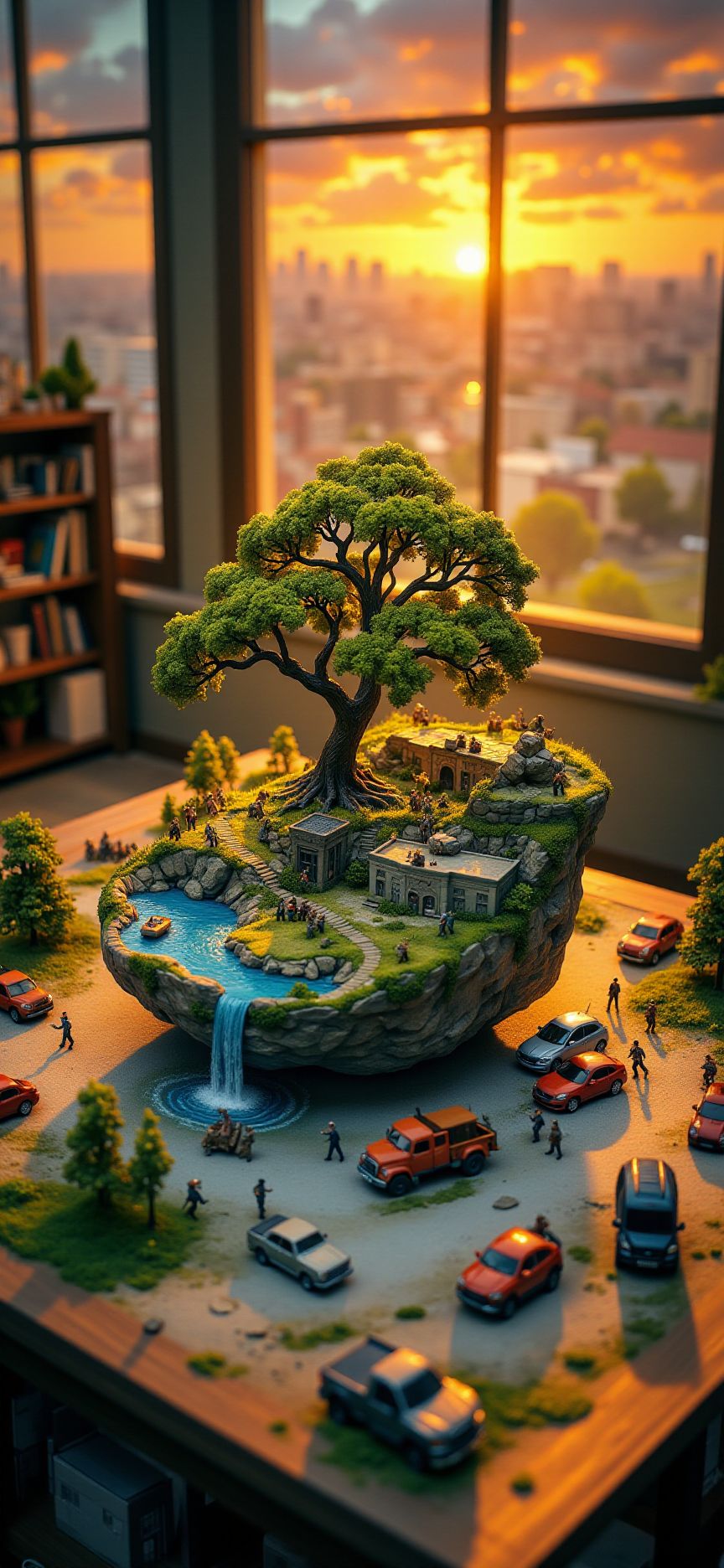 (indoor,very wide isometric view,tilt-shift lens:1.6), (windowless,fna_style,miniature,miniature,diorama,miniature,diorama,PVC,plastic:2),sunset desert,forest,parking lot with crowded  at (floating island,levitating  island:1.5) on (table:2) at (attic:2.5)   <lora:Diorama_Flux:1>
<lora:Fantasy_Novel_Art_Style:1>