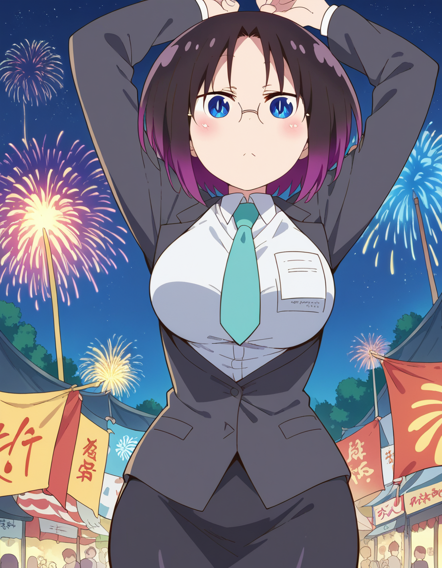 score_9, score_8_up, score_7_up, source_anime, <lora:dragon-elma-s2-ponyxl-lora-nochekaiser:1>, elma, black hair, blue eyes, gradient hair, multicolored hair, purple hair, short hair, slit pupils, large breasts,, necktie, glasses, formal, suit, office lady,, festival, fireworks, summer night, food stall, traditional, arms up,, , looking at viewer, hand on stomach, blush,, solo,, cowboy shot, dutch angle