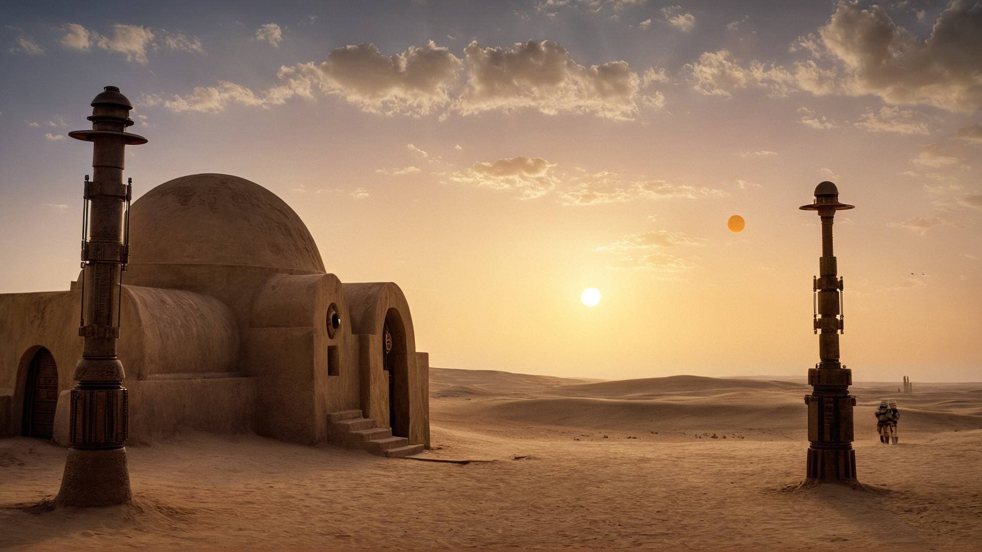 cinematic film still of  <lora:star wars style:0.2>
<lora:detailed:0.4> detailed
<lora:perfection style:0.4> perfect
<lora:PerfectEyesXL:0.5>
 <lora:Chiaroscuro Lighting Style:0.3>
 <lora:Tatooine:0.9>
Tatooine a desert with a dome and a building in the background and two suns in sky,in star wars style,outdoors,sky,cloud,no humans,cloudy sky,grass,scenery,sunset,sun,lamppost, shallow depth of field, vignette, highly detailed, high budget, bokeh, cinemascope, moody, epic, gorgeous, film grain, grainy