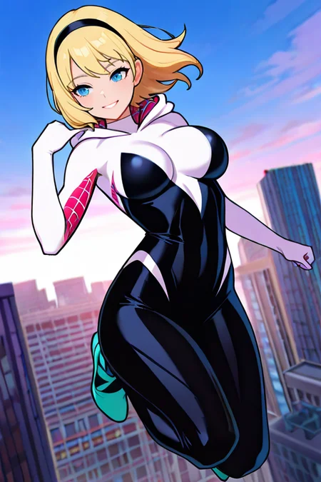 masterpiece, High quality, Ultra detailed, 2d, newest, absurdres, highres, BREAK
1girl, solo, superhero, <lora:Spider_Gwen:0.8>, ghost_spider_(spider-verse), short hair, blonde hair, hairband, blue eyes,  
large breasts, GwenDef, bodysuit, hooded bodysuit, spider web print, skin tight, ballet slippers, 
flying, sky, full body, city, building, smile,