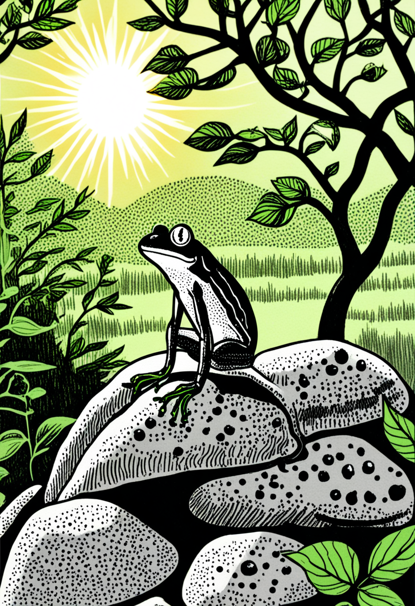 <lora:ink_ahuizotl_sdxl_v1:1.0>, ink_ahuizotl, drawing, a green frog sitting on top of a rock in the woods with the sun shining through the leaves behind it and a tree branch in the background