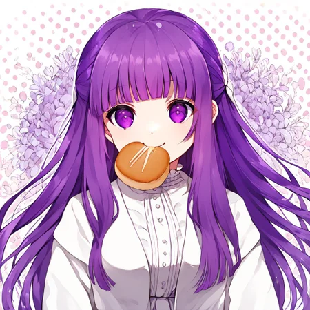 score_9, score_8_up, score_8, score_7_up, 
1girl, solo,
fern \(sousou no frieren\), large breasts, long hair, purple hair, half updo, blunt bangs, purple eyes, open robe, long dress,
polka dots background, smile, eating, bread, loaf, eating, close shot, cute girl, looking at viewer, (cowboy shot:1.1),
cute, kawaii, hearts,