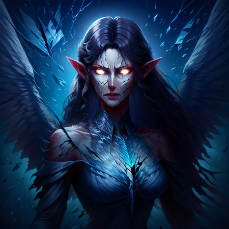 score_9, score_8_up, score_7_up, 1girl,(source_anime), source_Lord_of_the_rings, wings, angel, Arwen_Undómiel,tolkien's_legendarium, Arwen\(Lord_of_the_Rings\), Arwen, elf, pointy ears, black hair, long hair, sidelocks, shattered, crack, cracked skin, broken glass, dissolving into flames, ral-dissolve, AngelicStyle