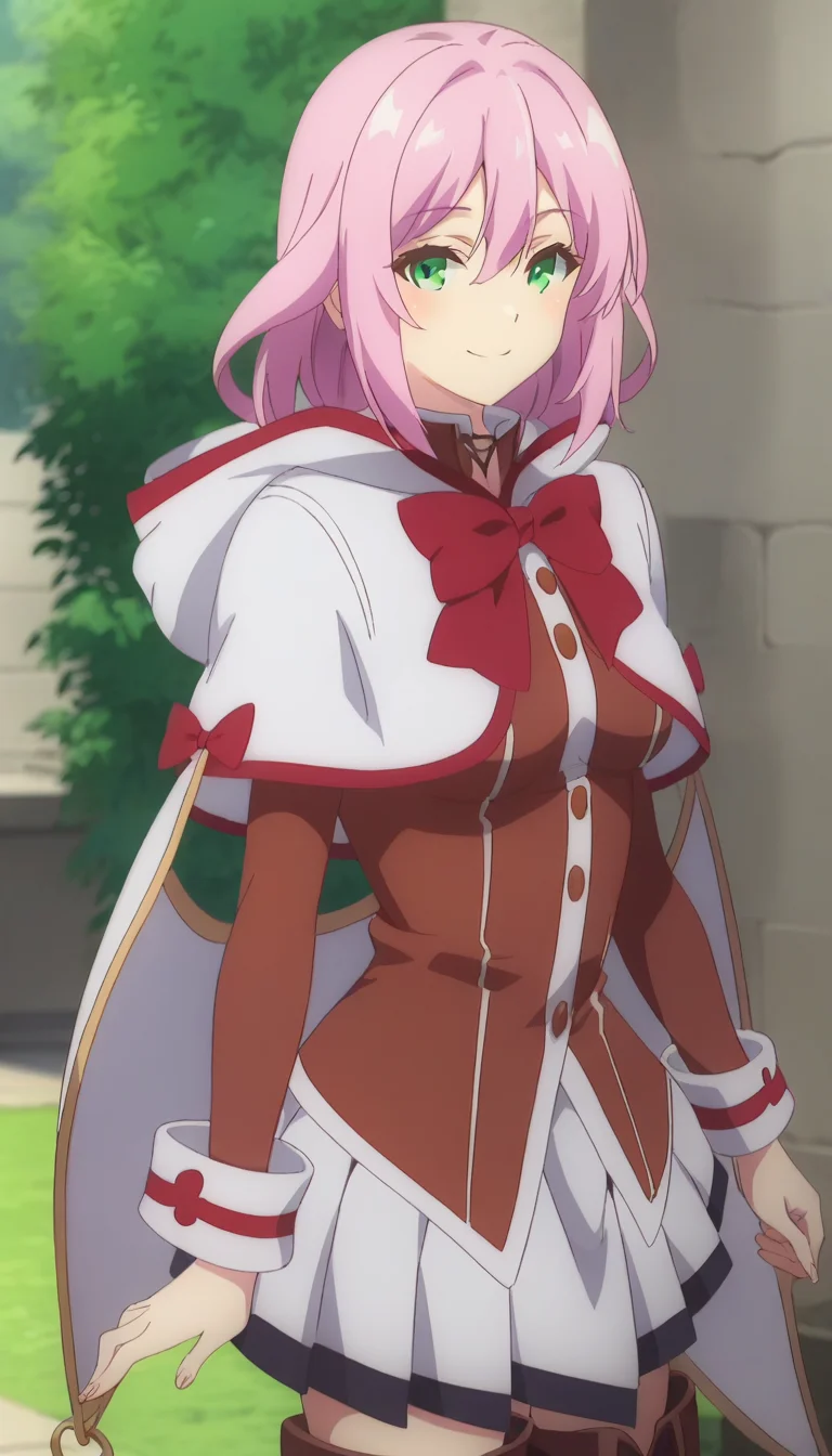 score_9,score_8_up,score_7_up,score_6_up BREAK official art,solo,outdoors,cowboy shot,looking at viewer,facing viewer,smile,blush,Norun,medium hair,pink hair,sidelocks,hair between eyes,parted bangs,green eyes,hood,white capelet,cloak,hood,red bow,red bowtie,brown tailcoat,long sleeves,medium breasts,white skirt,pleated skirt,thigh boots,brown footwear,<lora:Norun(rh)-Pony:1.6>,