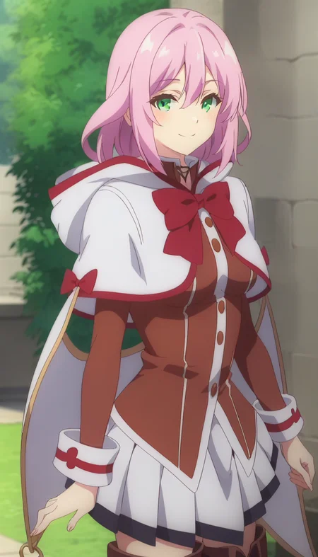 score_9,score_8_up,score_7_up,score_6_up BREAK official art,solo,outdoors,cowboy shot,looking at viewer,facing viewer,smile,blush,Norun,medium hair,pink hair,sidelocks,hair between eyes,parted bangs,green eyes,hood,white capelet,cloak,hood,red bow,red bowtie,brown tailcoat,long sleeves,medium breasts,white skirt,pleated skirt,thigh boots,brown footwear,<lora:Norun(rh)-Pony:1.6>,