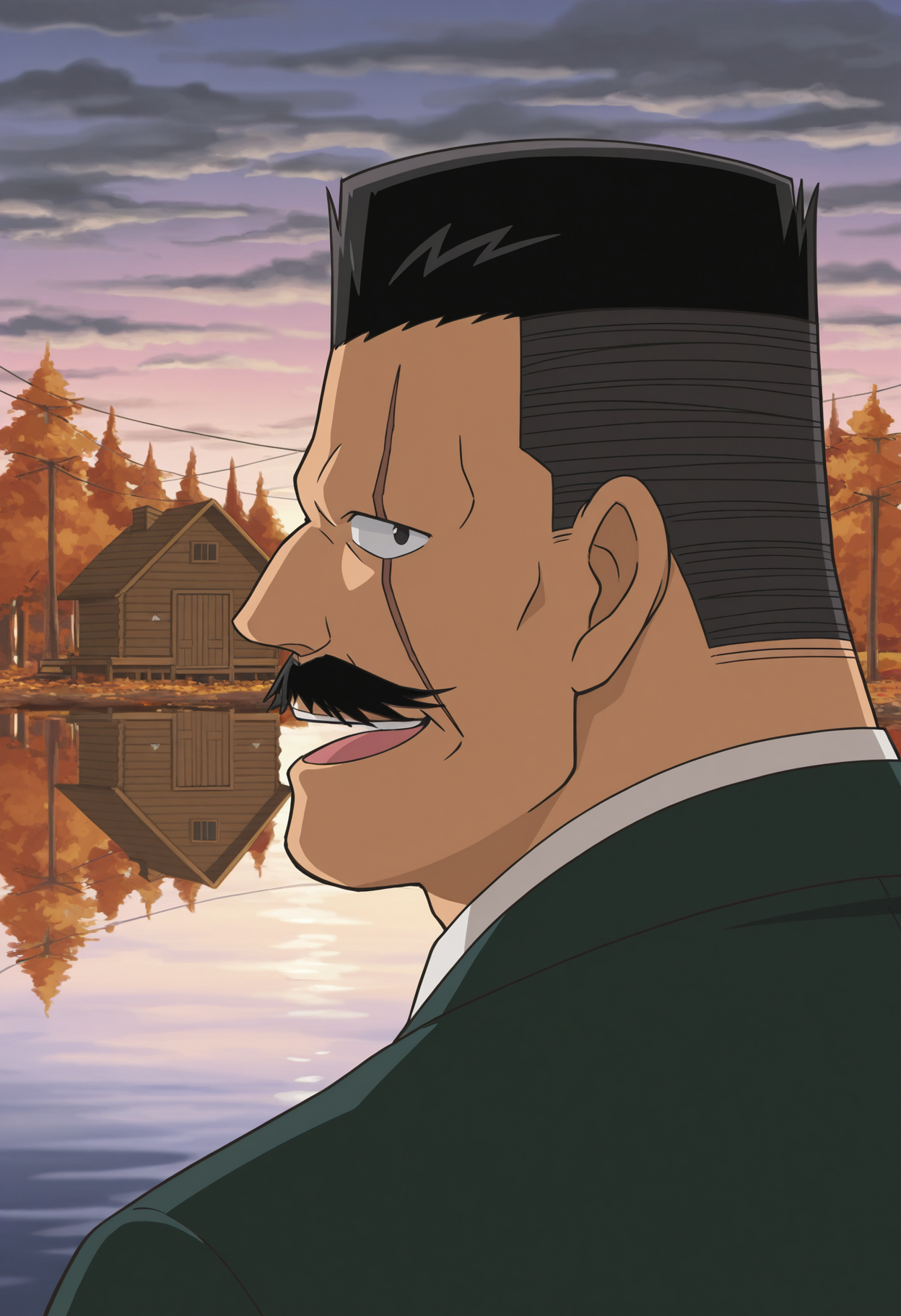 1boy, (close-up:1.5), from behind, looking back, open mouth, laughing, happy, looking at viewer, backlighting,
BREAK
<lora:Kiyonaga_Matsumoto_from_Detective_Conan_v1.1:1> (plump:1.2),
kiyonagamatsumoto, mature male, black hair, no eyebrows, flattop, thick mustache, forked mustache, scar across eye, anime screenshot,
BREAK
green suit, white shirt, collared shirt, cloudy sky, dawn, lake, forest, (cabin:1.5), utility pole, autumn,
BREAK
very awa, masterpiece, best quality, absurdres, newest, perfect quality, detailed background, intricate details,