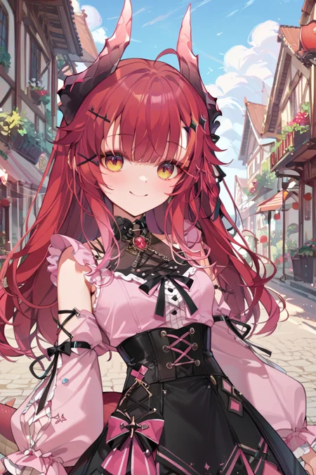 score_9_up, score_8_up, score_7_up, score_6_up, 1girl, SudaYoruka, dragon horns, 
pink shirt, black skirt, high-waist skirt, detached sleeves, 
posing, smile, outdoors, cowboy shot, looking at viewer, <lora:SudaYorukaXL_autismmixPony:1>, masterpiece, newest, absurdres