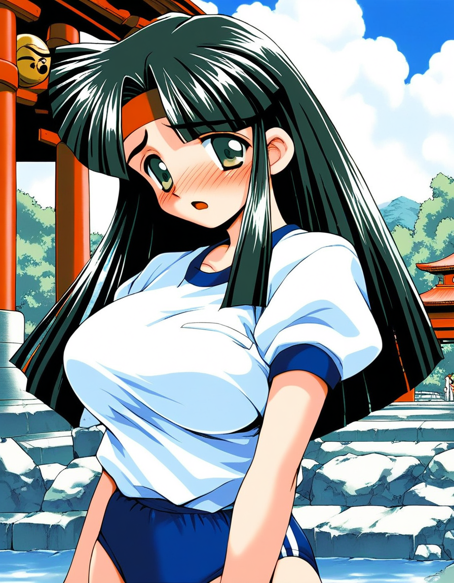 score_9, score_8_up, score_7_up, source_anime, rating_explicit, BREAK  <lora:Aoyama_Momoko_XL:1> AoyamaMomoko, long hair, black hair, red headband, large breasts, bandages, green eyes, blunt bangs,
1girl, solo, 1990s (style), 
dark blue buruma, blush, white gym uniform, open mouth, cowboy Shot,
full-face blush, sad,
outdoor, sky,shrine,
open mouth,