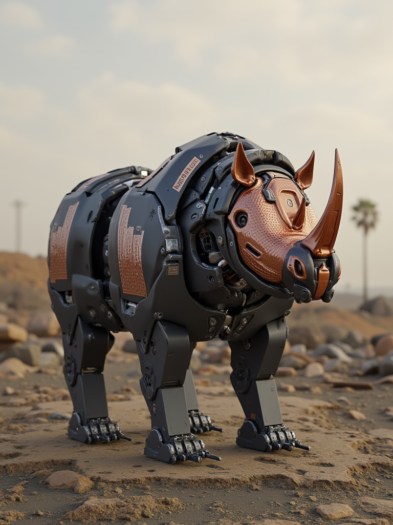 w1z_m4ch1n4. Extremely advanced, artisanal mecha rhinoceros robot, with embossed copper coil inductor, unstoppable tungsten filament bulb and artisanal high voltage spark gap. Highly detailed. Futuristic Los Angeles lies in ruins the background.
