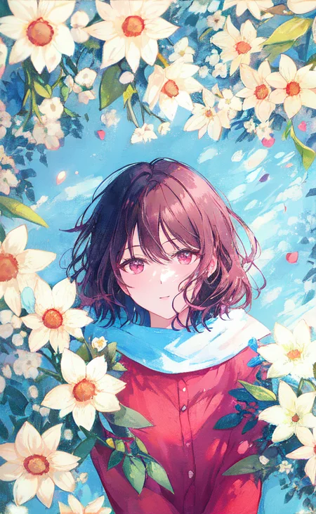 Samia, girl, solo, shirt, looking at you, face, perfect, flowers, high quality, radiant, knight, godly, red shirt, red velvet