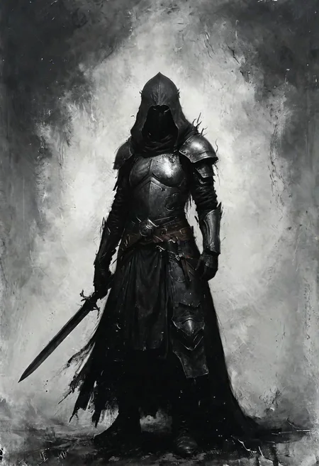 concept art of abyss knight, (((Abyssal Watcher)))
wearing (ragged, brigand, gripping a XXL giant metal shaped sword enveloped in (black darkness, fog flame) , leather tunic, metal plates and cloth, round shaped helmet, armor sewn together), gothic, legionaire, by Jean-Baptiste Monge , Nazgul from lord of the rings, coif leather, holding a parchment script scroll, darkness and smoke behind