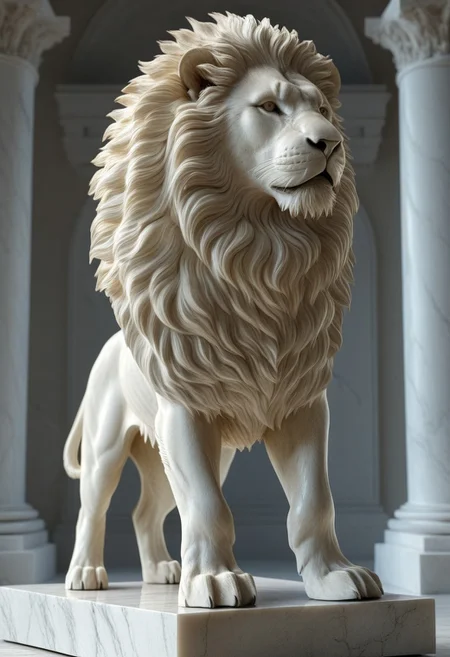 3D render of a majestic lion sculpture, hyper-realistic, intricately detailed fur, powerful stance, dramatic lighting, by Robert Kondo and Paul Komoda, high resolution, polished marble texture, museum quality display, showcasing strength and grace, with a naturalistic background.
3d-rendering, concept-art, digital, dreaminess, futuristic, multimedia, sculpture, virtual-reality
concept-art, awesome full color, fantasy, epic, majestic, magical, dreamy, perspective, light and shadow, moody, epic,
beautiful, painterly, aesthetic, textural, vivid, vibrant, intricate details, highly detailed, ultra-detailed, absurdres,
fflixmj6, WhiteMold