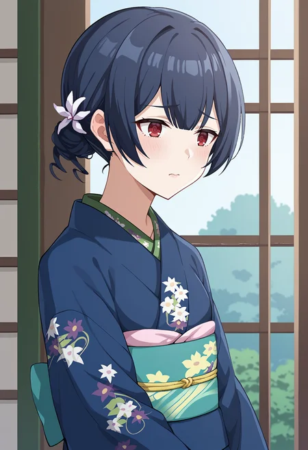 score_9, score_8_up, score_7_up, BREAK source_anime, 1girl, morino rinze, dark blue hair, single hair bun, hair flower, red eyes, blue kimono, floral print, disappointed, upper body, summer <lora:hskc-rinze-pony-v0.5:1>