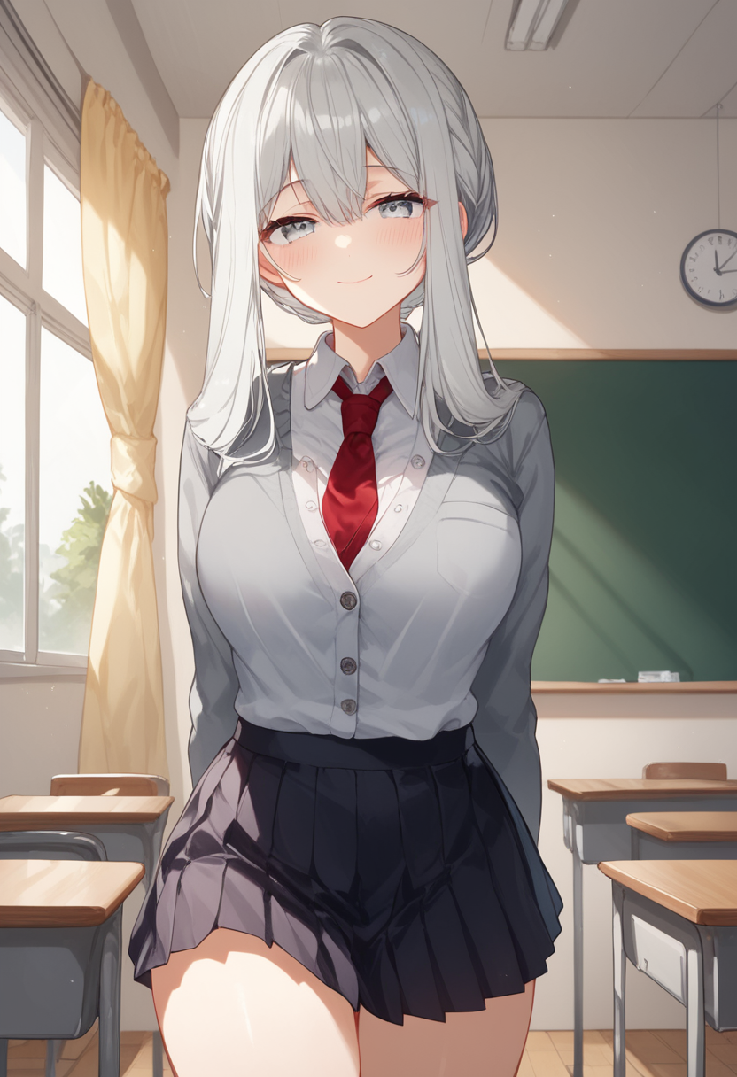 fuyukawa_kagari, grey hair, long hair, sidelocks, long hair, tied hair, french braid, grey eyes,official art,   breasts,pleated skirt, black skirt, red necktie, school uniform, grey cardigan, BREAK indoor, classroom, sunset BREAK cowboy shot, looking at viewer, standing,closed mouth, sexy smile, front view, flirty, arms behind back BREAK score_9, score_8_up, score_7_up, source_anime ,zPDXL,rating_explicit, solo,  <lora:Expressive_H:1>, ExpressiveH,  <lora:Kagari:0.8>