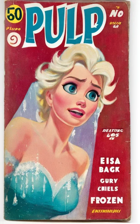 Pulp cover featuring Elsa from frozen VintageMagStyle <lora:SDXL-VintageMagStyle-Lora:1>
