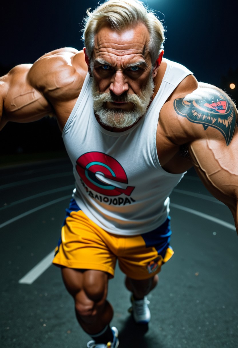 score_9, score_8_up, score_7_up, score_6_up, dark background, nighttime, night, dark lowlight photography, realistic, old male, pov from side, old granddad, thin, tall, tanned skin, colorful tattoos, heavy metal rock tattoos, strong tan, wearing blue long cargoshorts, 3/4 cargoshorts, skater, sweatbands, loose white muscleshirt, v-neck sleeveless tshirt, hairy armpits, old granddad, wrinkles, short blonde hair, blonde beard, german grandpa,
walking towards viewer, slow walk,
closeup seen from above, closeup, pov above, portrait,
at the beach